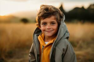 portret van een schattig jongen op zoek Bij camera terwijl in de buurt zijn tent in natuur ai gegenereerd foto