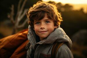 portret van een schattig jongen op zoek Bij camera terwijl in de buurt zijn tent in natuur ai gegenereerd foto