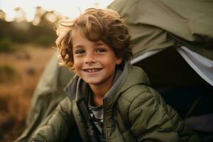 portret van een schattig jongen op zoek Bij camera terwijl in de buurt zijn tent in natuur ai gegenereerd foto