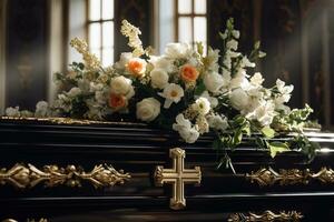 detailopname schot van een kist in een lijkwagen of kapel voordat begrafenis of begrafenis Bij begraafplaats ai gegenereerd foto