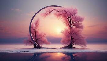 surrealistische sneeuw scènes met groot circulaire structuur en roze wolken ai gegenereerd foto
