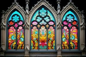 betoverend kleurrijk kerk venster. genereren ai foto