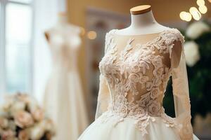 elegant bruiloft jurk Aan een mannequin. bruiloft salon. gegenereerd door kunstmatig intelligentie- foto