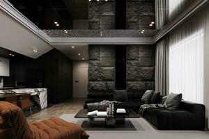 modern leven kamer met zwart tonen, modulair bank, en bruin bank. 3d renderen foto