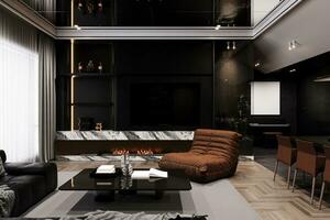 de elegant interieur van een zwart TV berg met huishoudelijke apparaten in de leven kamer, 3d renderen foto