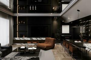 3d illustratie van hoogwaardig, luxe, en elegant leven kamer interieur, en architectuur. 3d renderen foto