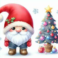 schattig gnoom de kerstman claus hand- trek tekenfilm stijl, geschenk doos en Kerstmis boom Aan wit achtergrond, waterverf foto