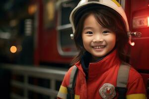 portret van een schattig weinig Aziatisch meisje vervelend een brandweerman uniform ai gegenereerd foto