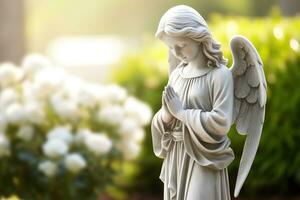 engel standbeeld met wit rozen in de begraafplaats.religieus achtergrond ai gegenereerd foto