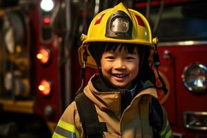 portret van schattig weinig jongen vervelend brandweerman uniform in de brand afdeling ai gegenereerd foto