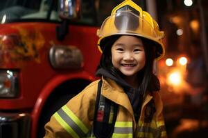 portret van een schattig weinig Aziatisch meisje vervelend een brandweerman uniform ai gegenereerd foto