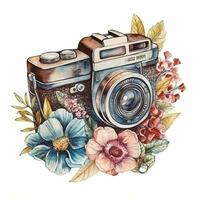 waterverf foto camera met bloemen. schetsen stijl illustratie, hand- tekenen, tekening, retro, vintage. icoon, logo, afdrukken, sublimatie, clip art. ai gegenereerd