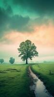 tekenfilm stijl landschap met gras en wolken ai gegenereerd foto