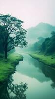 tekenfilm stijl landschap met gras en wolken ai gegenereerd foto