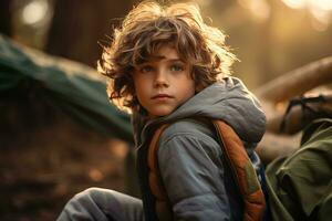 portret van een schattig jongen op zoek Bij camera terwijl in de buurt zijn tent in natuur ai gegenereerd foto