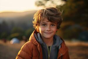 portret van een schattig jongen op zoek Bij camera terwijl in de buurt zijn tent in natuur ai gegenereerd foto