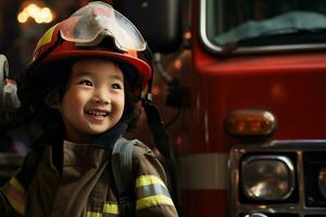 portret van een schattig weinig Aziatisch meisje vervelend een brandweerman uniform ai gegenereerd foto