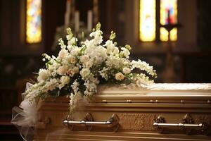 mooi bloemen in een lijkkist Bij een begrafenis ai gegenereerd foto