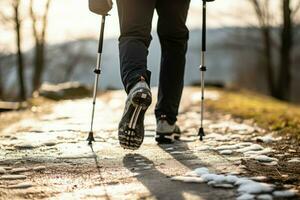 Mens beoefenen nordic wandelen met polen buitenshuis opleiding. genereren ai foto