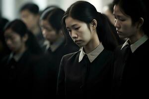 Aziatisch vrouw in rouw Bij een begrafenis, Ondiep diepte van veld.begrafenis concept ai gegenereerd foto