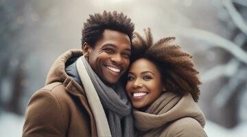 portret van een gelukkig glimlachen Afro Amerikaan paar tegen winter sfeer achtergrond, achtergrond afbeelding, ai gegenereerd foto