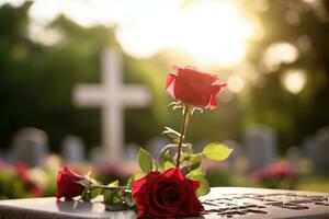 rood rozen Aan een graf Bij een begraafplaats gedurende de zonsondergang met kopiëren ruimte ai gegenereerd foto