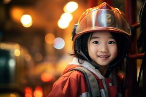 portret van een schattig weinig Aziatisch meisje vervelend een brandweerman uniform ai gegenereerd foto