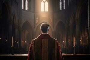 achterzijde visie van priester op zoek Bij kerk interieur. religie concept. ai gegenereerd foto