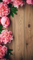 houten achtergrond omringd door pioen bloemen van top visie, achtergrond afbeelding, verticaal formaat, generatief ai foto