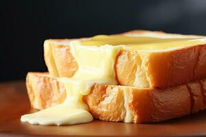geroosterd brood met gesmolten kaas Aan donker achtergrond. gegenereerd door kunstmatig intelligentie- foto
