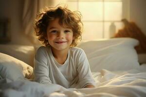 schattig weinig jongen Aan bed Bij huis in ochtend- tijd. genereren ai foto