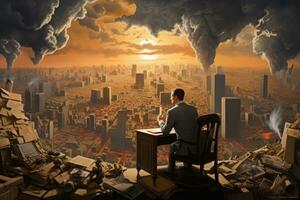 zakenman zittend Bij tafel en op zoek Bij brandend stad in de lucht, wereld overheersing, ai gegenereerd foto
