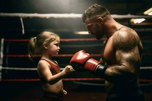 weinig meisje opleiding met groot Mens trainer in boksen ring. genereren ai foto