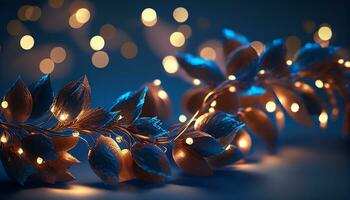 Kerstmis slinger bokeh lichten over- gouden blauw achtergrond ai gegenereerd foto