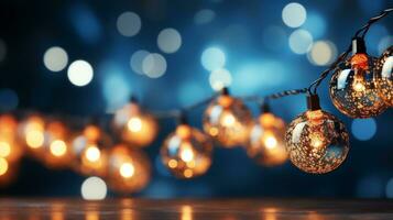 Kerstmis slinger bokeh lichten over- gouden blauw achtergrond ai gegenereerd foto