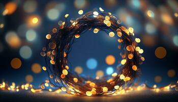 Kerstmis slinger bokeh lichten over- gouden blauw achtergrond ai gegenereerd foto