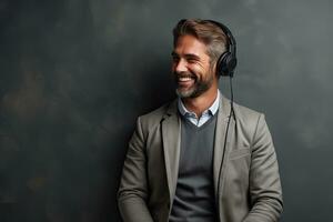 glimlachen zakenman luisteren naar muziek- in koptelefoon. Mannen schoonheid, mode. generatief ai foto