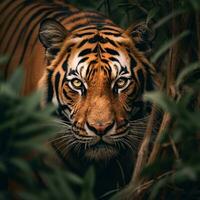 dichtbij omhoog gedetailleerd portret van tijger gezicht, generatief ai foto
