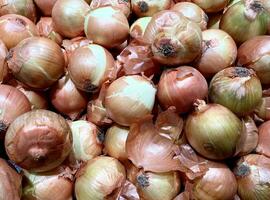 stapel van uien met rommelig huid binnen supermarkt op te slaan. geïsoleerd groente Koken ingrediënt fotografie. foto