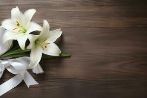 wit lelie bloemen Aan houten achtergrond. top visie met kopiëren ruimte.begrafenis concept ai gegenereerd foto