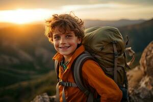 aanbiddelijk weinig jongen met rugzak wandelen in bergen Bij zonsondergang. reizen en actief levensstijl concept ai gegenereerd foto