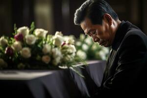 ouderen Aziatisch Mens met begrafenis leed en bloemen in kerk ai gegenereerd foto