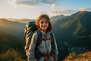weinig meisje met rugzak wandelen Aan berg top Bij zonsondergang, reizen en avontuur concept ai gegenereerd foto