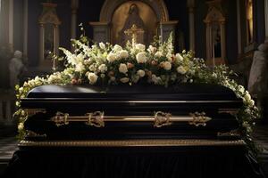 detailopname schot van een kist in een lijkwagen of kapel voordat begrafenis of begrafenis Bij begraafplaats ai gegenereerd foto