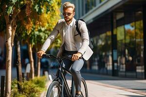 knap jong zakenman in pak en met een rugzak rijden een fiets in de stad. generatief ai foto
