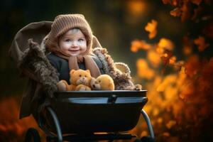 een schattig weinig baby in een kinderwagen.ai generatief foto