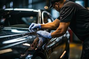 auto detaillering serie, arbeider in beschermend handschoenen polijsten een auto. generatief ai foto