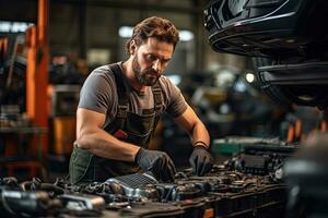 auto monteur werken in auto reparatie winkel. knap jong Mens in uniform werken met auto motor. generatief ai foto