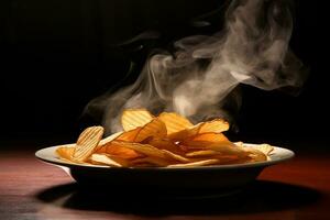 aardappel chips in een kom Aan een houten tafelblad Aan een donker achtergrond. gegenereerd door kunstmatig intelligentie- foto