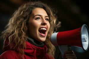 portret van een jong vrouw geschreeuw door een megafoon. ai gegenereerd foto